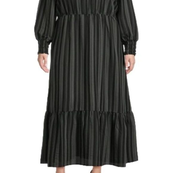 TERRA & SKY Peasant Tiered Long Sleeve Maxi Dress Plus 3X Ikat Stripe Black NWT - Picture 9 of 14